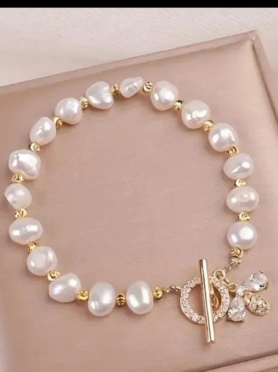 Elegant Gold & White Pearl Charm Bracelet - Women Jewelry - Picture 1 of 4